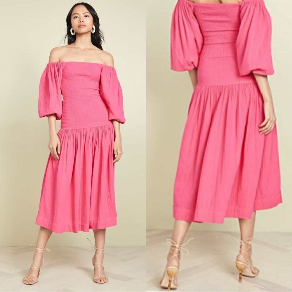 Rhode Harper Midi Hot Pink Dress Smocked Off Shoulder Size L